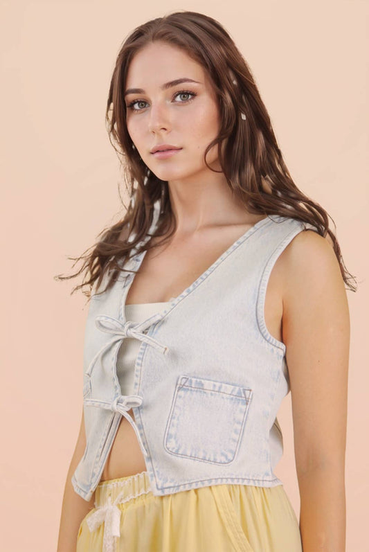 Pick Up - VERY JEAN Acid Washed Light Denim Front Tie Vest