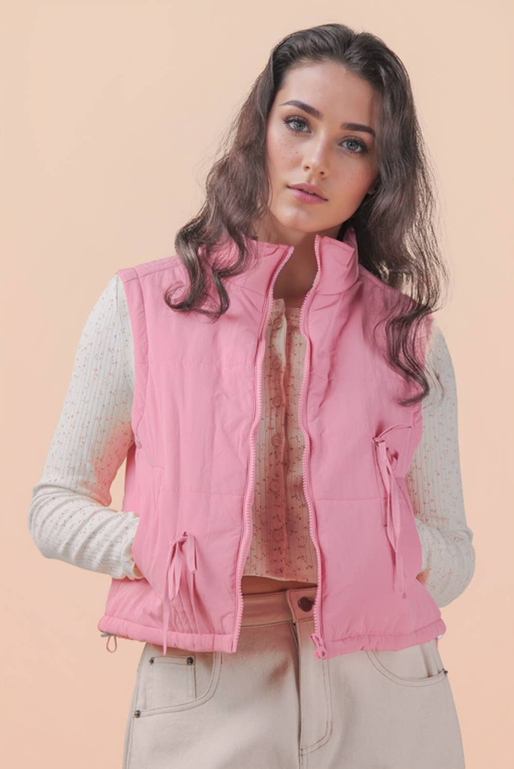 Pick Up - Tie Detail Mock Neck Casual Puffer Vest