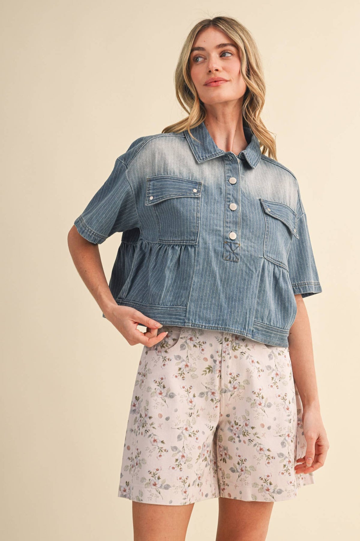 Pick Up - PINSTRIPE DENIM CROPPED BABYDOLL TOP