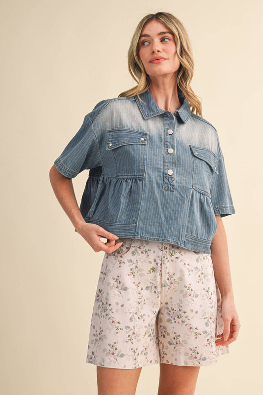 Pick Up - PINSTRIPE DENIM CROPPED BABYDOLL TOP
