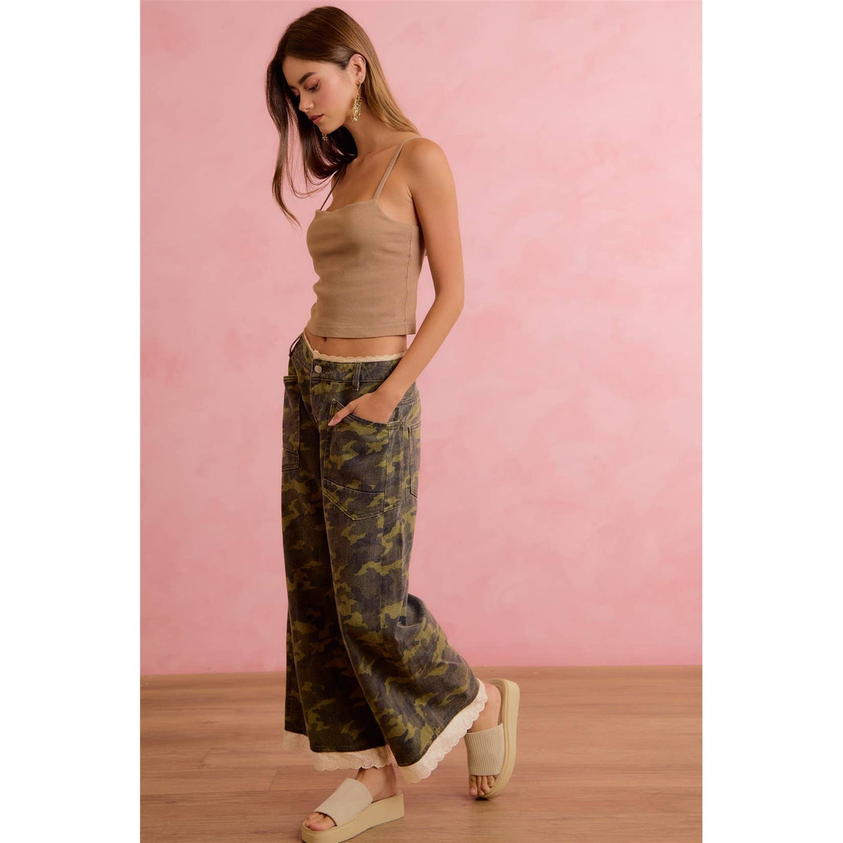 Pick Up - CAMO CROCHET LACE TRIM RELAXED STRAIGHT WIDE LEG PANTS