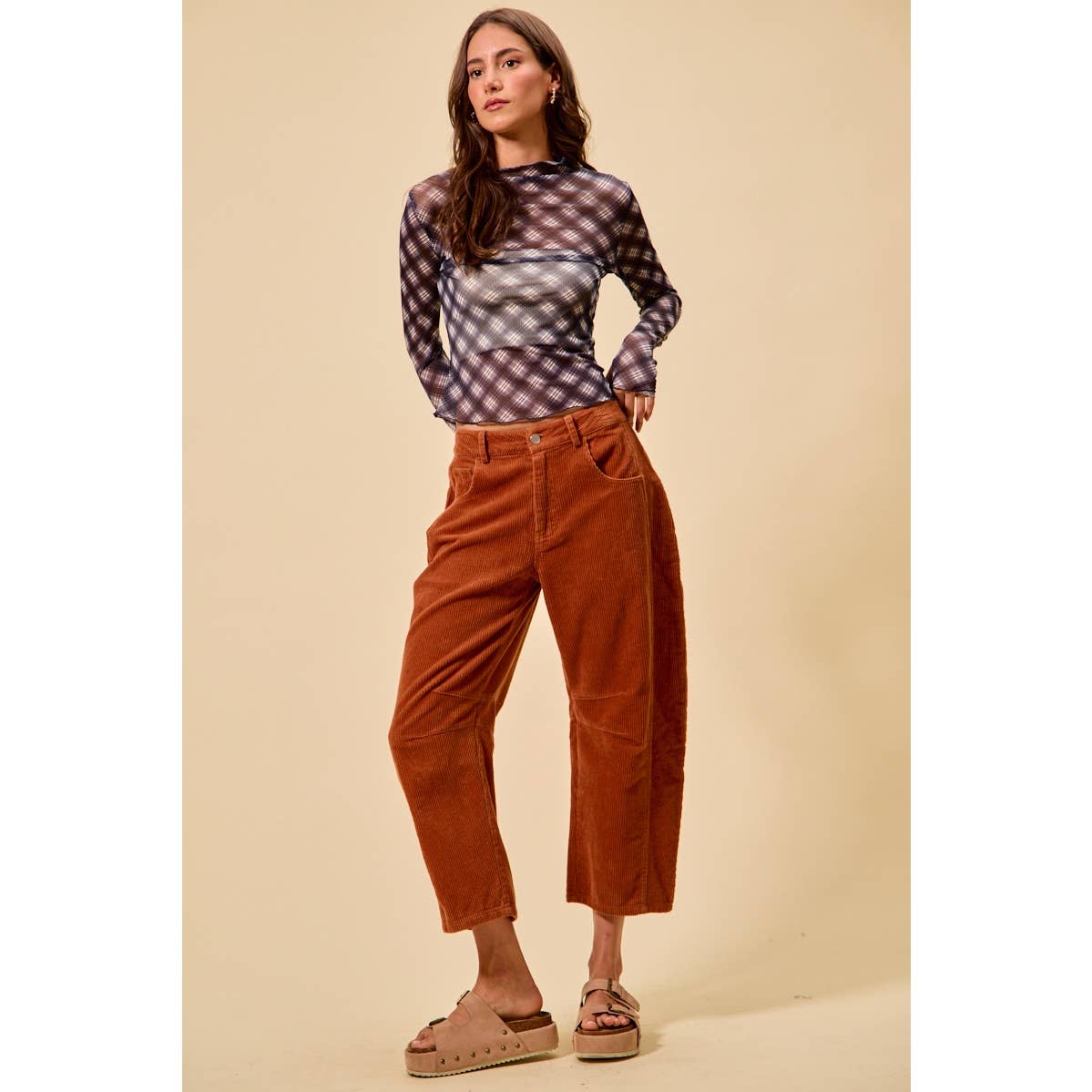 Pick Up - RUST MID RISE CORDUROY BARREL PANTS