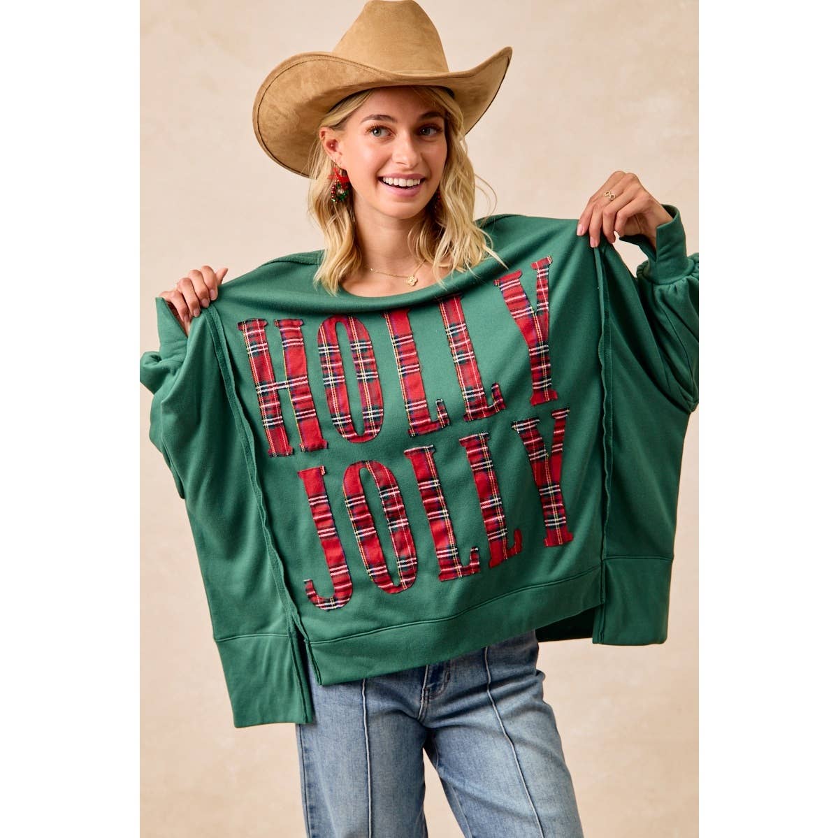 Pick Up - CHRISTMAS PLAID HOLLY JOLLY LETTERING SWEATSHIRT
