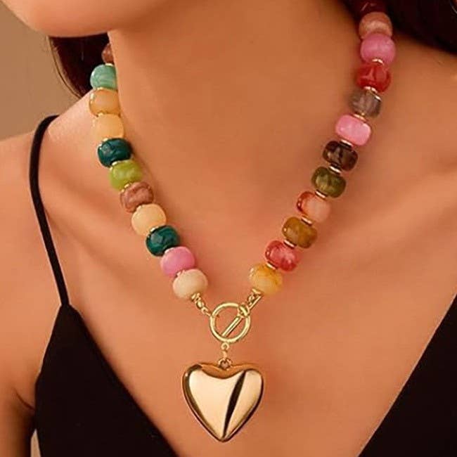 Pick Up - MULTI-COLORED BEADED HEART CHARM TOGGLE NECKLACE