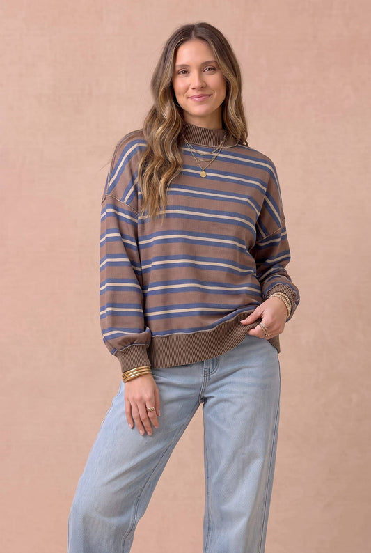 Pick Up - Striped Mock Neck Balloon Sleeve Knit Top