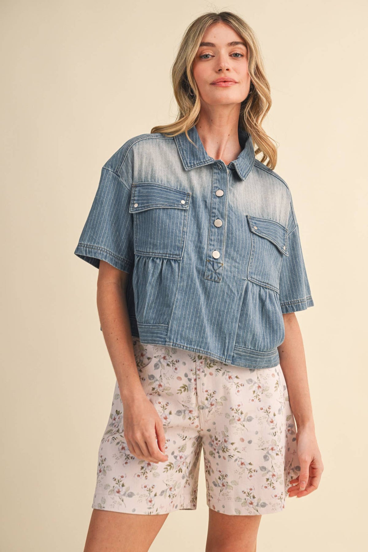 Pick Up - PINSTRIPE DENIM CROPPED BABYDOLL TOP