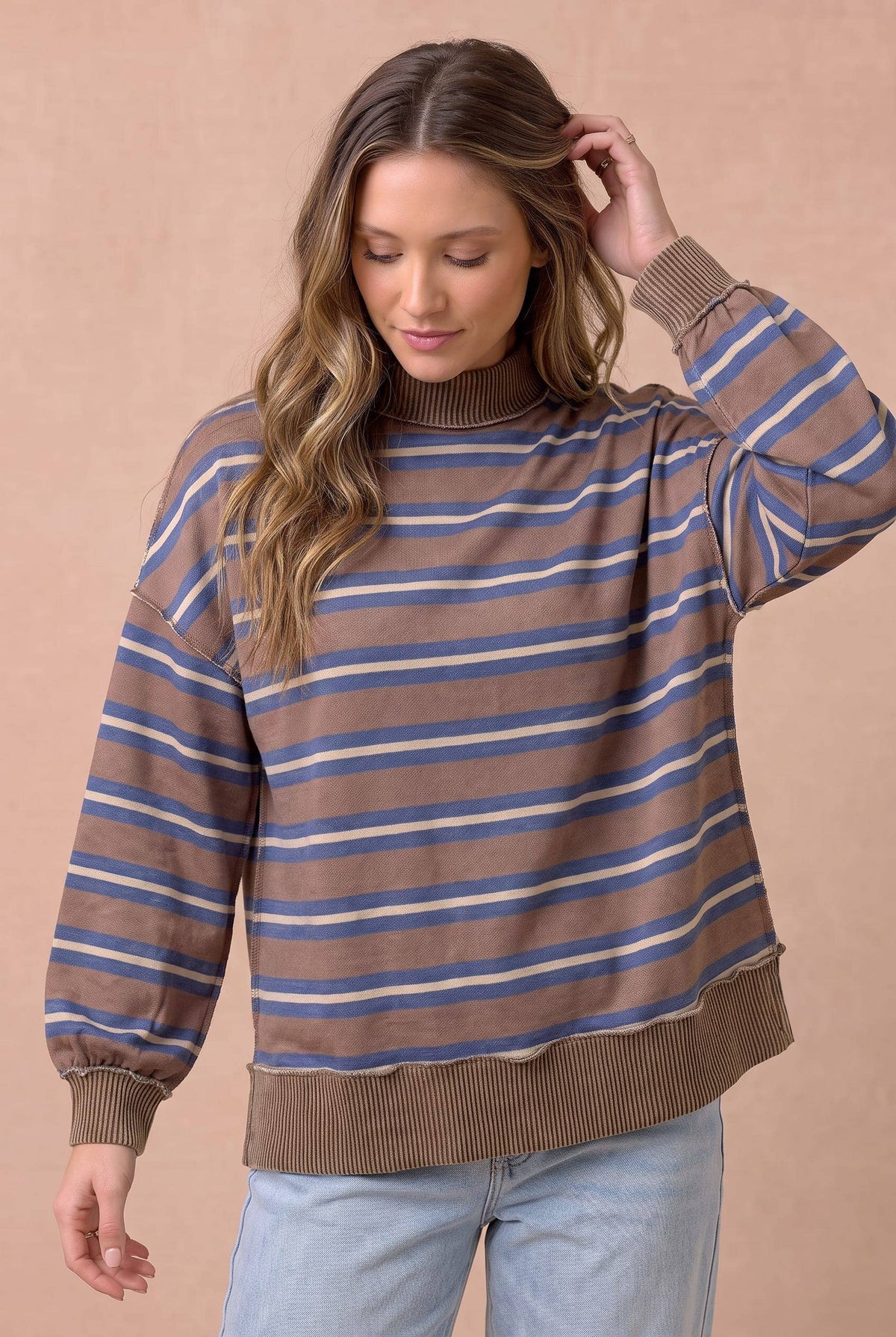 Pick Up - Striped Mock Neck Balloon Sleeve Knit Top