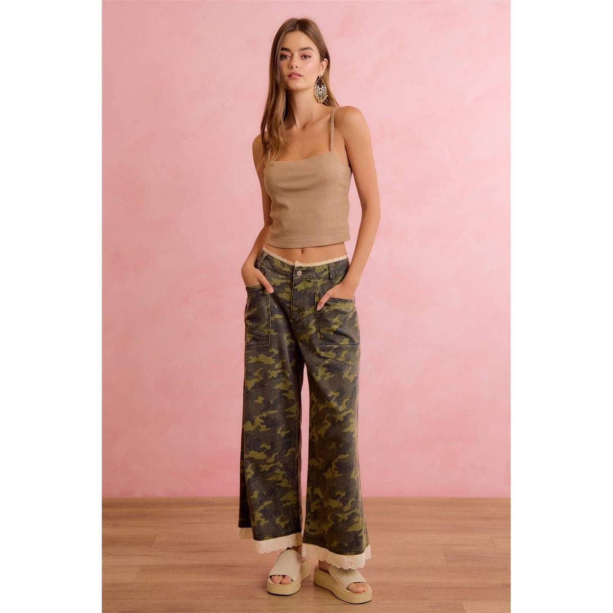Pick Up - CAMO CROCHET LACE TRIM RELAXED STRAIGHT WIDE LEG PANTS