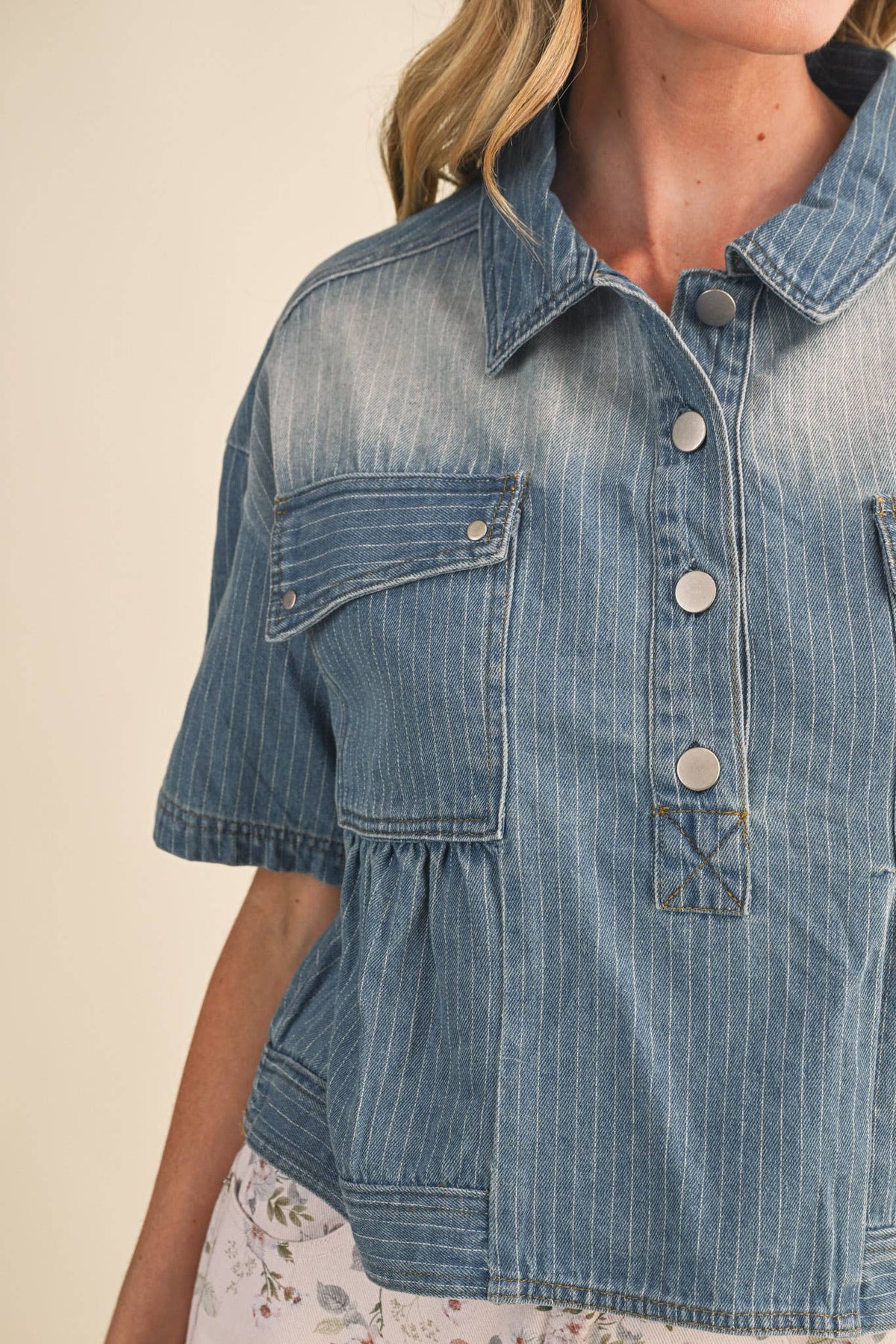 Pick Up - PINSTRIPE DENIM CROPPED BABYDOLL TOP