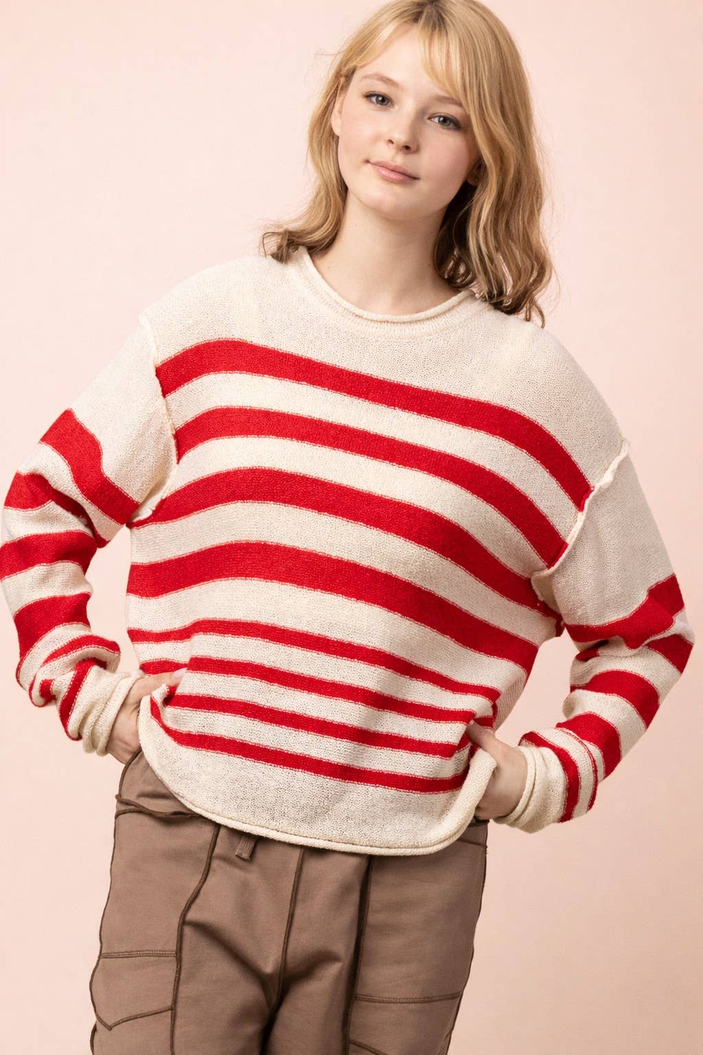 Pick Up - Red, White, & Bloom Striped Sweater