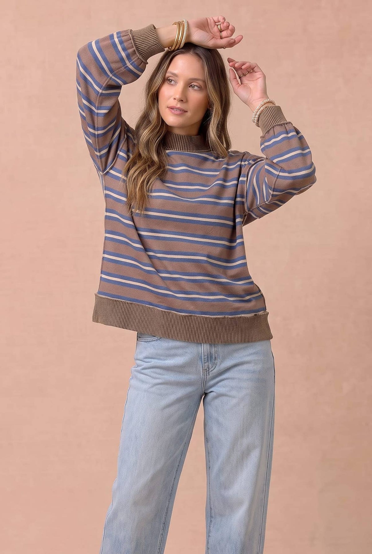 Pick Up - Striped Mock Neck Balloon Sleeve Knit Top