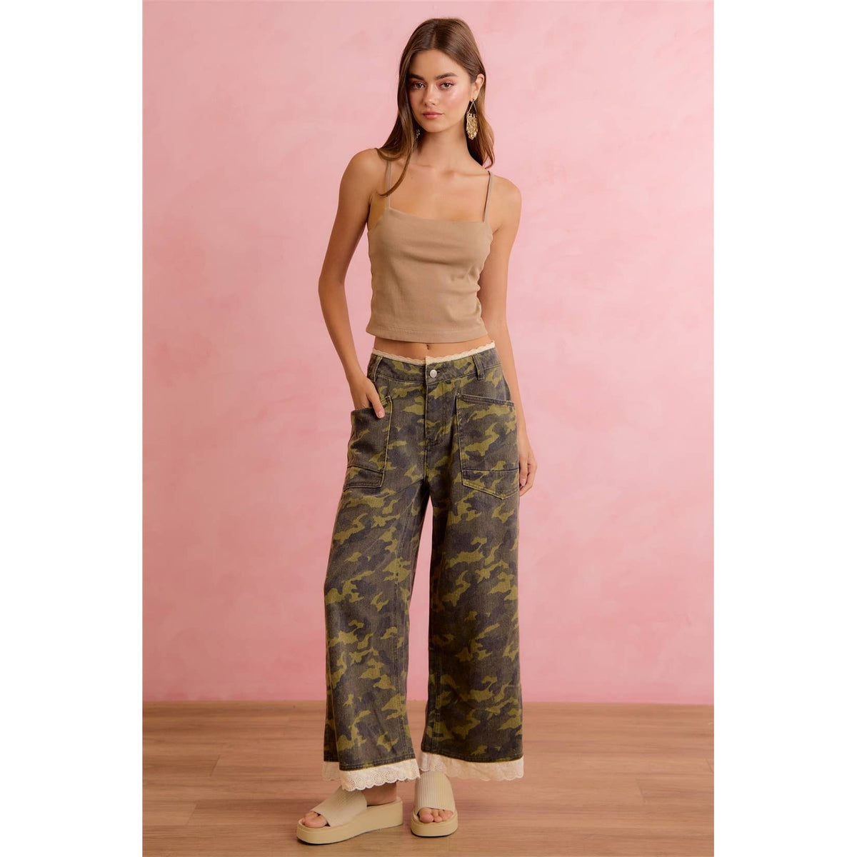 Pick Up - CAMO CROCHET LACE TRIM RELAXED STRAIGHT WIDE LEG PANTS