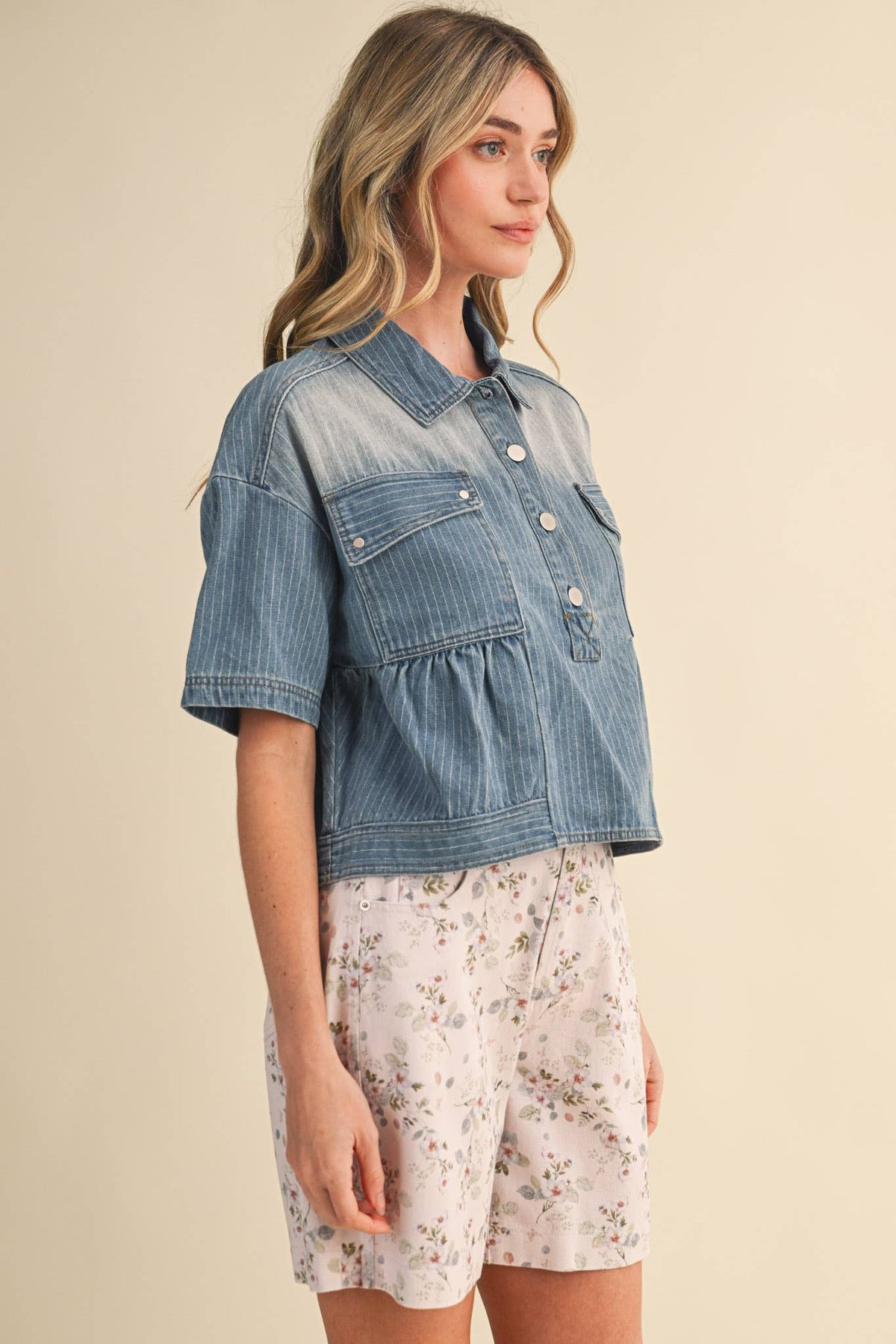 Pick Up - PINSTRIPE DENIM CROPPED BABYDOLL TOP