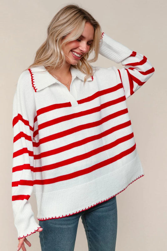 Pick Up - Game Day Red and Ivory Striped Sweater